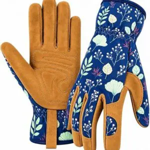 Leather gardening gloves, navy botanical print back with tan suede padded palm