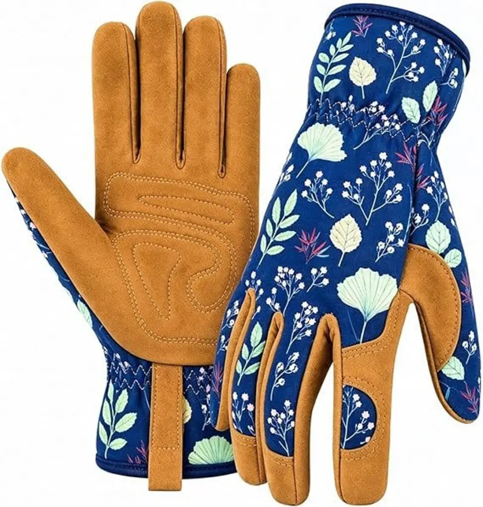 Leather gardening gloves, navy botanical print back with tan suede padded palm