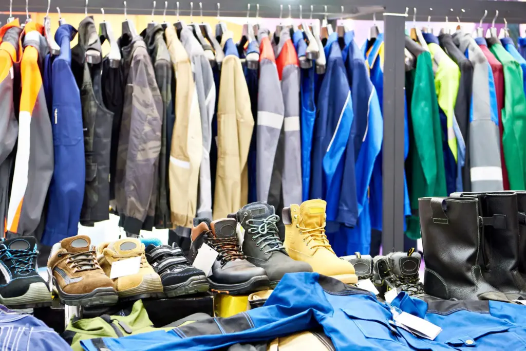 Rack of workwear and safety footwear in a supplier warehouse